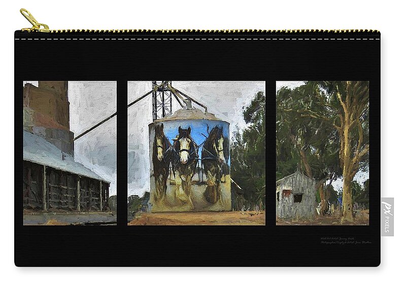 Clydesdales Zip Pouch featuring the mixed media Clydesdales Clem Sam Banjo Goorambat Silo Art by Joan Stratton