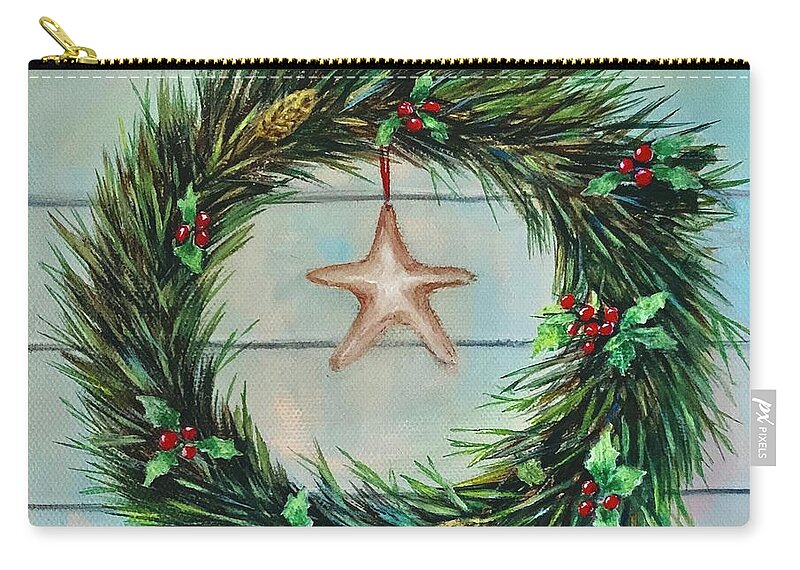 Country Charm Zip Pouch featuring the painting Coastal Holiday Wishes by Jane Ricker