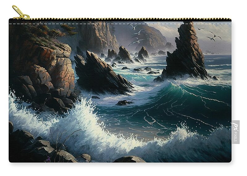 Watercolor Zip Pouch featuring the painting Coastal Wilderness - A Watercolor Landscape by Kai Saarto
