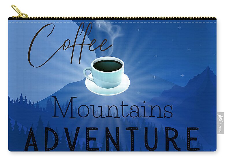 Coffee Zip Pouch featuring the digital art Coffee Mountains Adventure Blue by Tina Mitchell