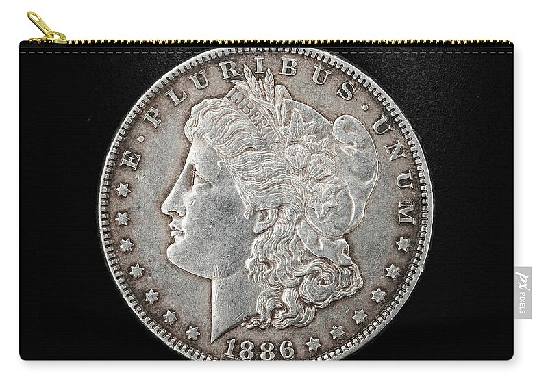 Antique Zip Pouch featuring the photograph Coin Collecting - 1886 Morgan Dollar Face Side by Amelia Pearn