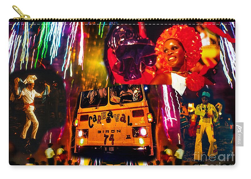 Cuba Zip Pouch featuring the mixed media Collage A Cuban beauty dances and sings at the 1974 Havana Carnival. by Elena Gantchikova