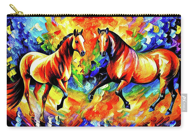 Horse Walking Zip Pouch featuring the digital art Colorful abstract horses meeting - digital painting on colorful background by Nicko Prints
