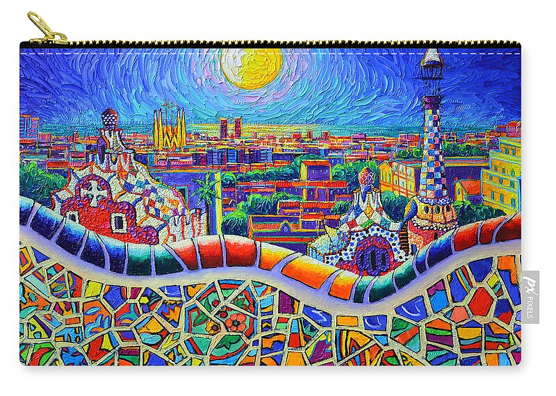 Barcelona Carry-all Pouch featuring the painting COLORFUL BARCELONA PARK GUELL MAGIC NIGHT BY MOON palette knife oil painting by Ana Maria Edulescu by Ana Maria Edulescu