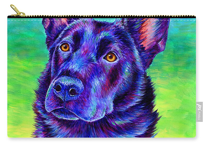 German Shepherd Zip Pouch featuring the painting Colorful Black German Shepherd Dog by Rebecca Wang