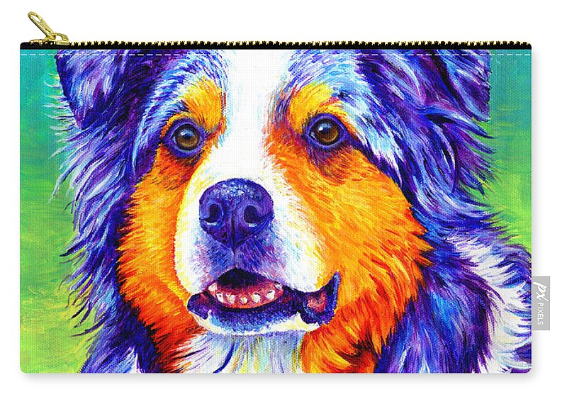 Australian Shepherd Carry-all Pouch featuring the painting Colorful Blue Merle Australian Shepherd Dog by Rebecca Wang
