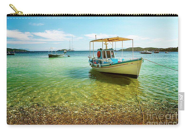 Boat Zip Pouch featuring the photograph Colorful Boat in Skiathos, Greece by Jelena Jovanovic