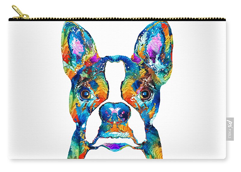 Boston Terrier Zip Pouch featuring the painting Colorful Boston Terrier Dog Pop Art - Sharon Cummings by Sharon Cummings