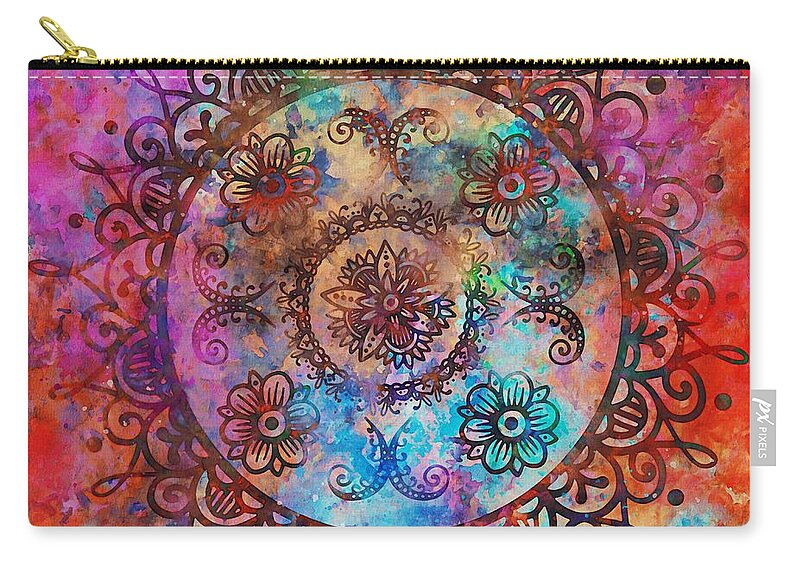 Mandala Zip Pouch featuring the digital art Colorful Mandala Watercolor by Peggy Collins