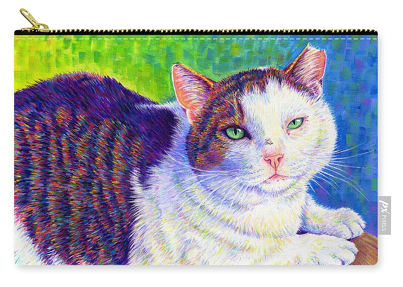 Cat Zip Pouch featuring the painting Colorful Pet Portrait - MC the Cat by Rebecca Wang