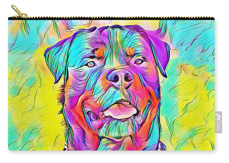 Rottweiler Dog Zip Pouch featuring the digital art Colorful Rottweiler dog portrait - digital painting by Nicko Prints