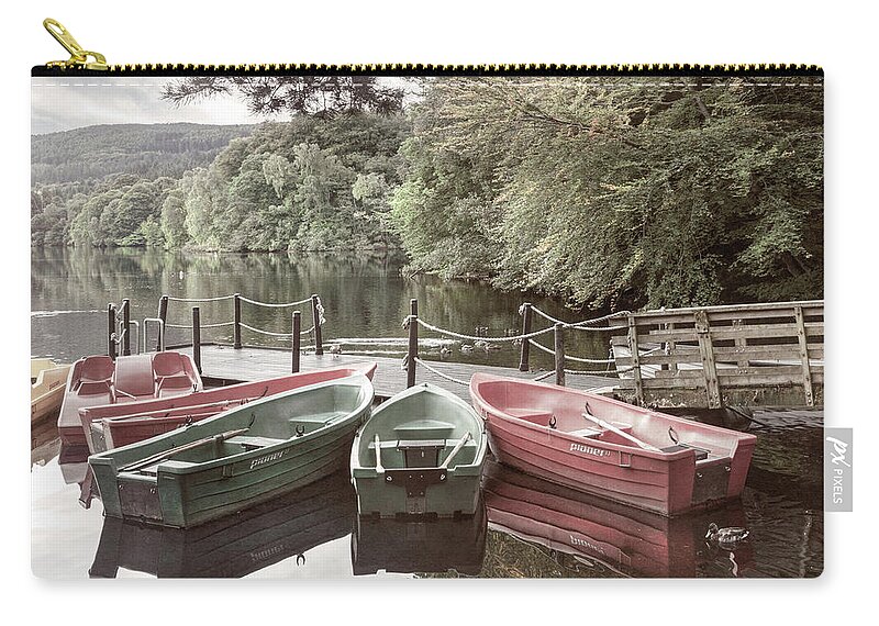 Boats Zip Pouch featuring the photograph Colorful Rowboats in the Misty Lake by Debra and Dave Vanderlaan