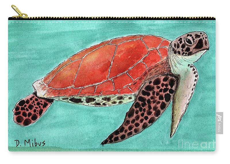 Sea Turtle Zip Pouch featuring the painting Colorful Sea Turtle in Blue Green Water by Donna Mibus