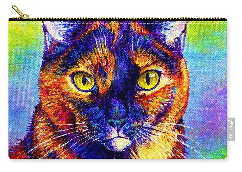 Cat Zip Pouch featuring the painting Colorful Tortoiseshell Cat by Rebecca Wang