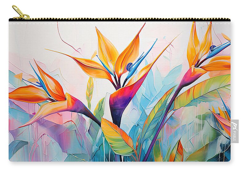 Bird Of Paradise Art Zip Pouch featuring the painting Colorful Tropical Foliage Modern Art by Lourry Legarde