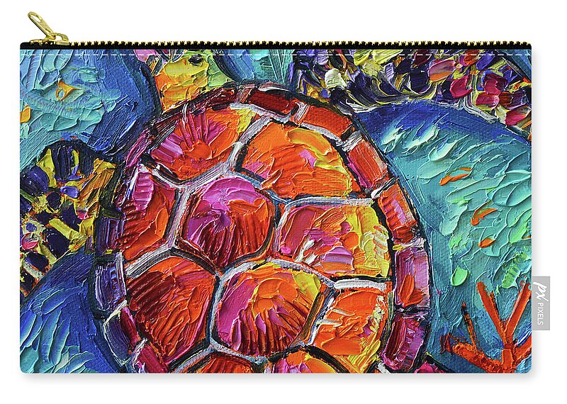 Colorful Turtle Zip Pouch featuring the painting COLORFUL TURTLE 1 commissioned palette knife oil painting Mona Edulesco by Mona Edulesco