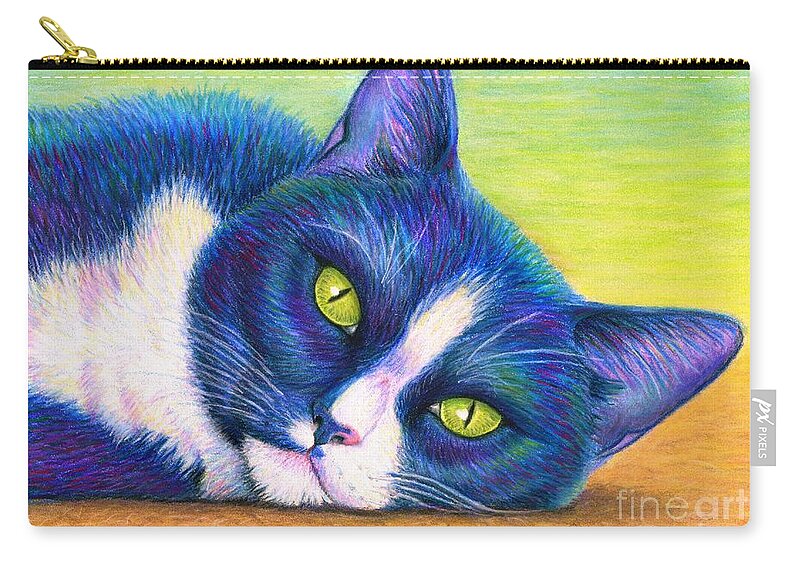 Cat Zip Pouch featuring the drawing Colorful Tuxedo Cat by Rebecca Wang