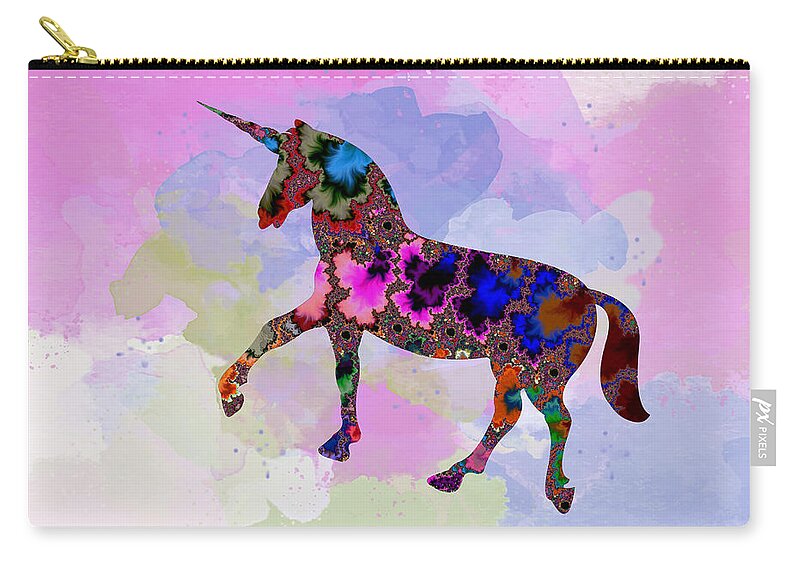 Colorful Zip Pouch featuring the mixed media Colorful Unicorn Art-Fractal Watercolor Fusion by Shelli Fitzpatrick