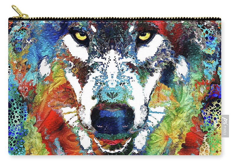 Wolf Zip Pouch featuring the painting Colorful Wolf Art Hidden Gem by Sharon Cummings