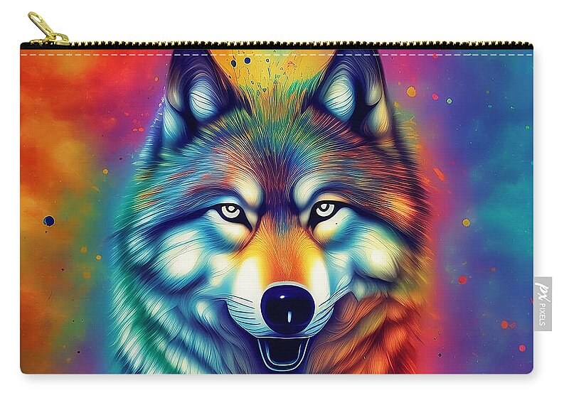 Wolf Zip Pouch featuring the digital art Colorful Wolf painting by Manjik Pictures