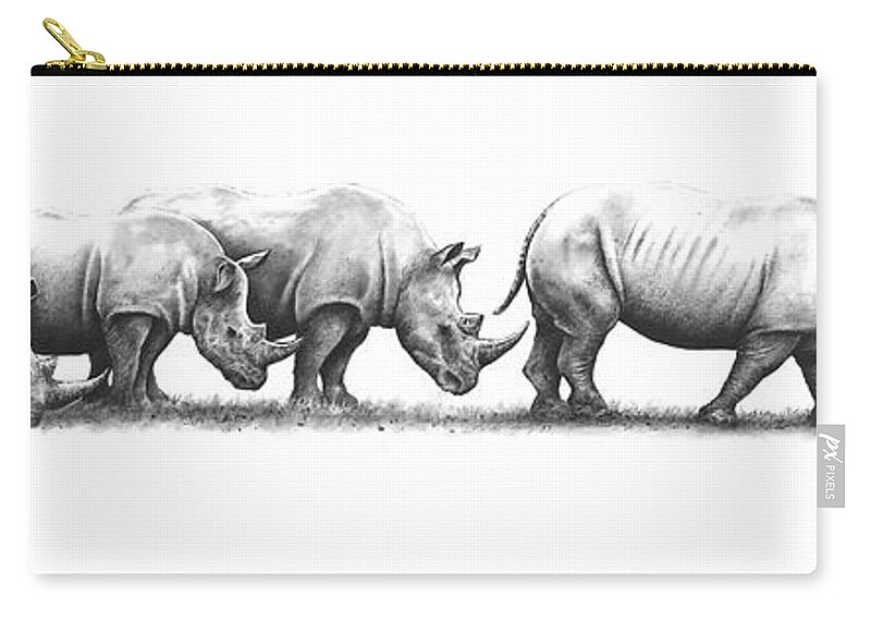 Rhinoceros Zip Pouch featuring the drawing Come on, Hurry Up by Paul Dene Marlor
