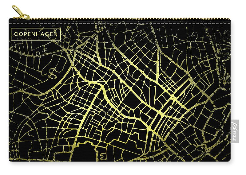 Map Carry-all Pouch featuring the digital art Copenhagen Map in Gold and Black by Sambel Pedes