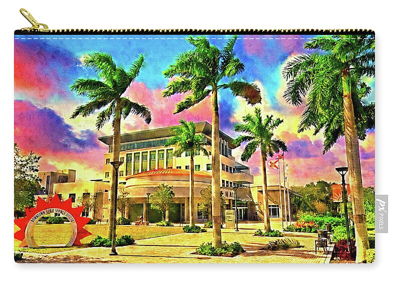 Coral Springs Zip Pouch featuring the digital art Coral Springs city hall building seen behind the palm trees at sunset - digital painting by Nicko Prints