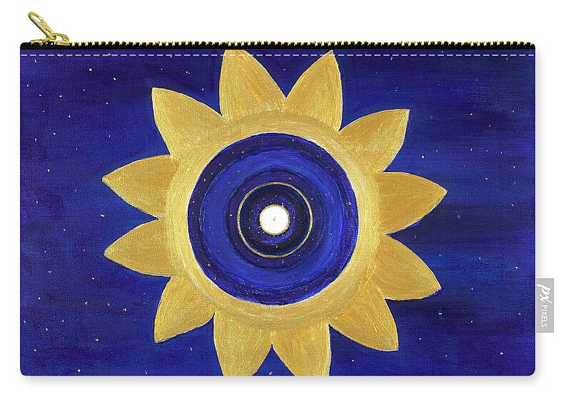 Golden Flower Heart Lotus Floating In Space Cosmic Symbol Mandala Zip Pouch featuring the painting Cosmic Lotus by Santana Star