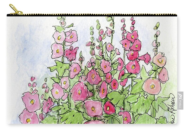 Cottage Garden Zip Pouch featuring the painting Cottage Pink Hollyhock by Laurie Rohner