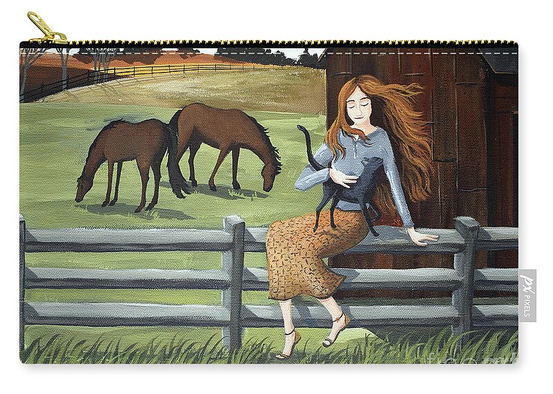 Country Zip Pouch featuring the painting Country Girl farm horse cat by Debbie Criswell