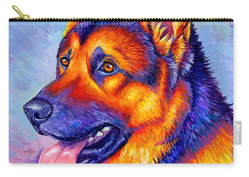 German Shepherd Zip Pouch featuring the painting Courageous Partner - Colorful German Shepherd Dog by Rebecca Wang