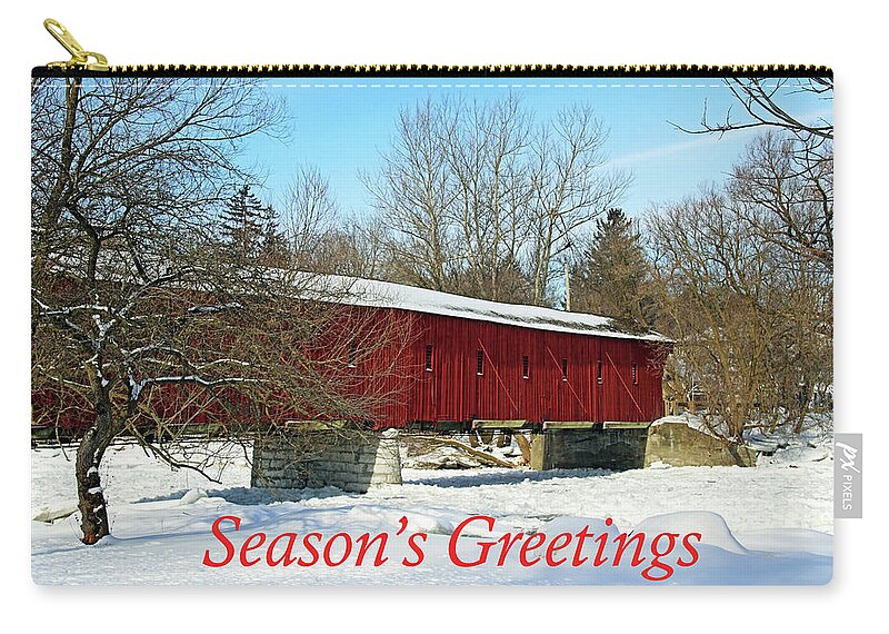 West Montrose Covered Bridge Zip Pouch featuring the photograph Covered Bridge Season's Greetings by Debbie Oppermann