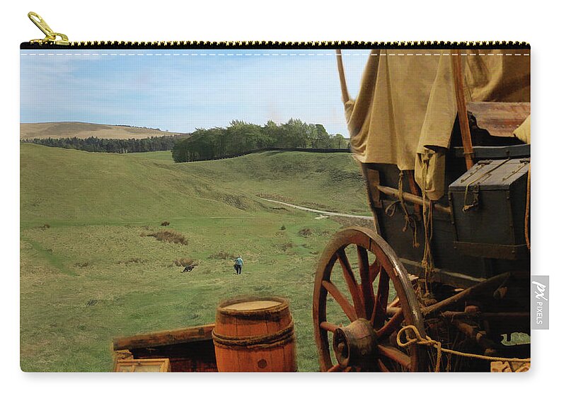 Covered Wagon Zip Pouch featuring the mixed media Covered Wagon in Field by Kathy Kelly