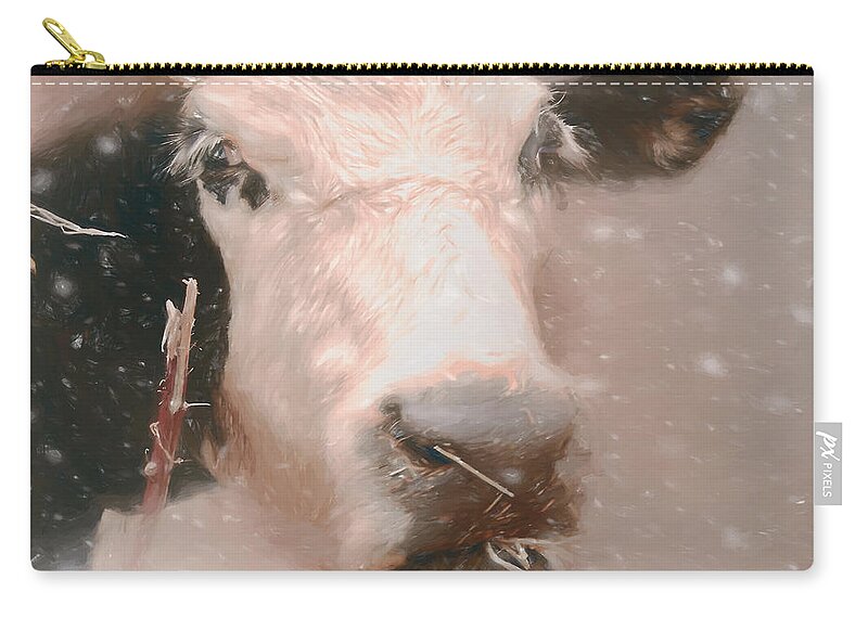 Cow Zip Pouch featuring the photograph Cow in a Snow Storm by Marjorie Whitley