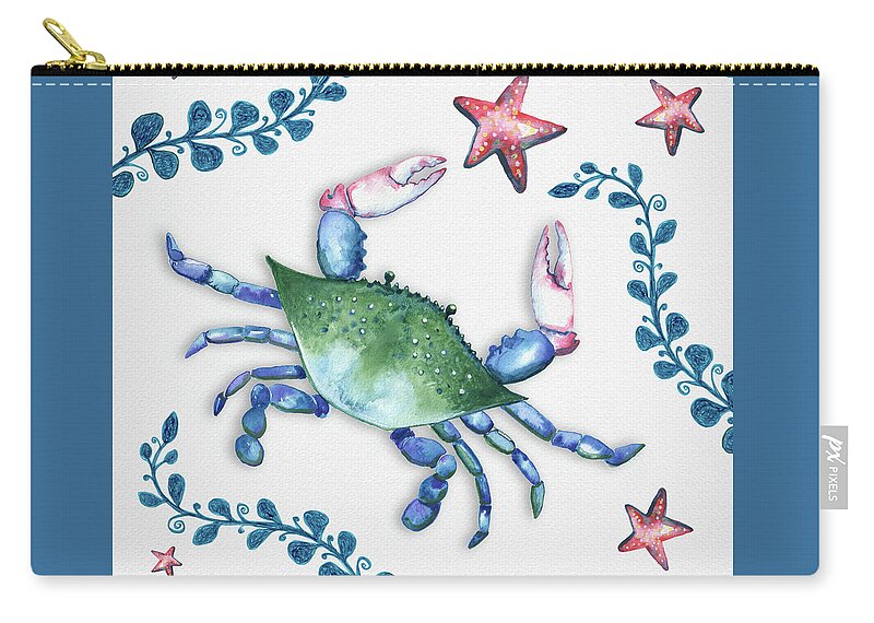 Blue Zip Pouch featuring the painting Crab with Starfish and Plantlife by Michele Fritz