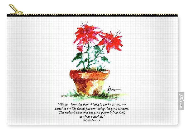 Pointsettias Zip Pouch featuring the painting Cracked Pot With Scripture by Adele Bower