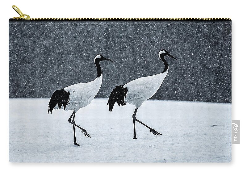 Japan Zip Pouch featuring the photograph Cranes Walking in a Snow Storm - Japan by Stuart Litoff