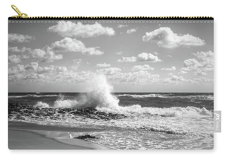 Clouds Zip Pouch featuring the photograph Crashing into Shore in Black and White by Debra and Dave Vanderlaan