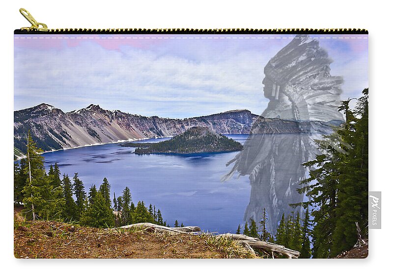 Crater-lake Zip Pouch featuring the photograph Crater Lake And Klamath Indian Chief by Joyce Dickens