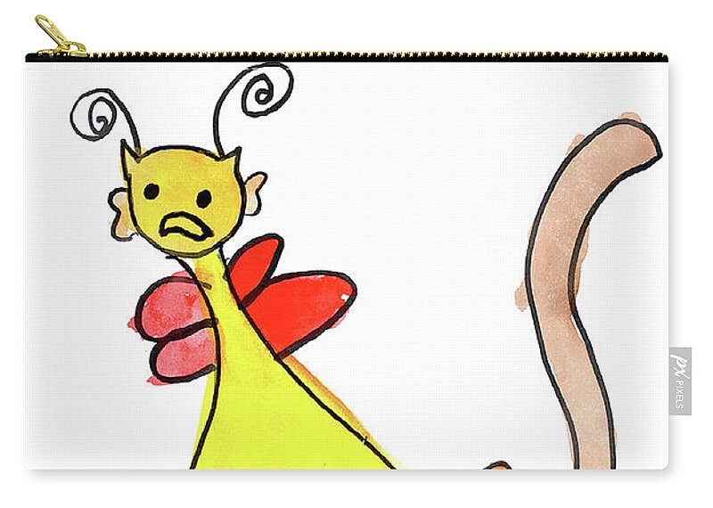Animal Fantasy Creature Yellow Orange Red White Cartoon Bug Fun Playful Catlike Tail Crazy Cute Colorful Antenna Collar Anime Balloon Surprise Kids Kids-did-it Art By Kids Children's Art Watercolor Kelsey Rhoads Zip Pouch featuring the painting Creature by Kelsey Rhoads Age 8