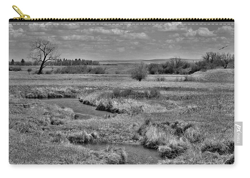 Swallows Zip Pouch featuring the photograph Creek and Flying Swallows in Black and White by Amanda R Wright