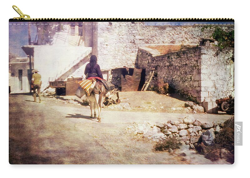 Greece Zip Pouch featuring the photograph Crete 1972 Woman on Donkey by Frank Lee