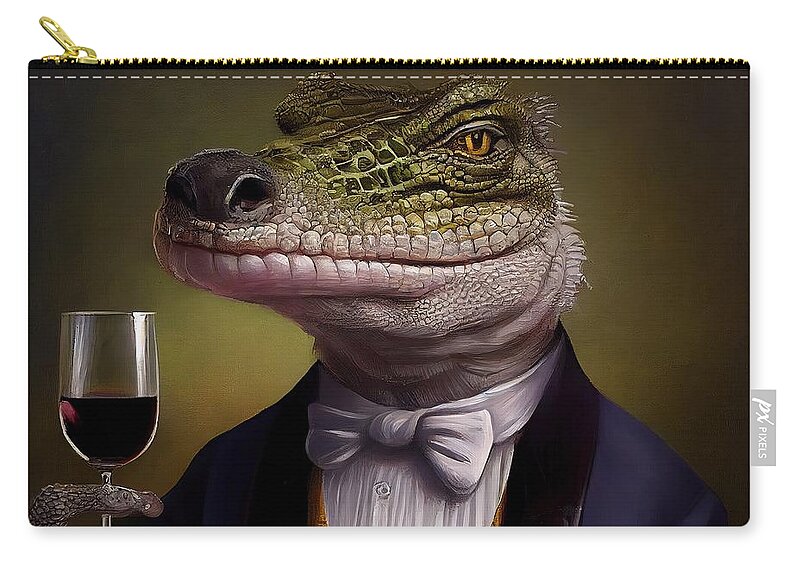 Reptile Zip Pouch featuring the painting Crocodile In Suit Having Drink by N Akkash