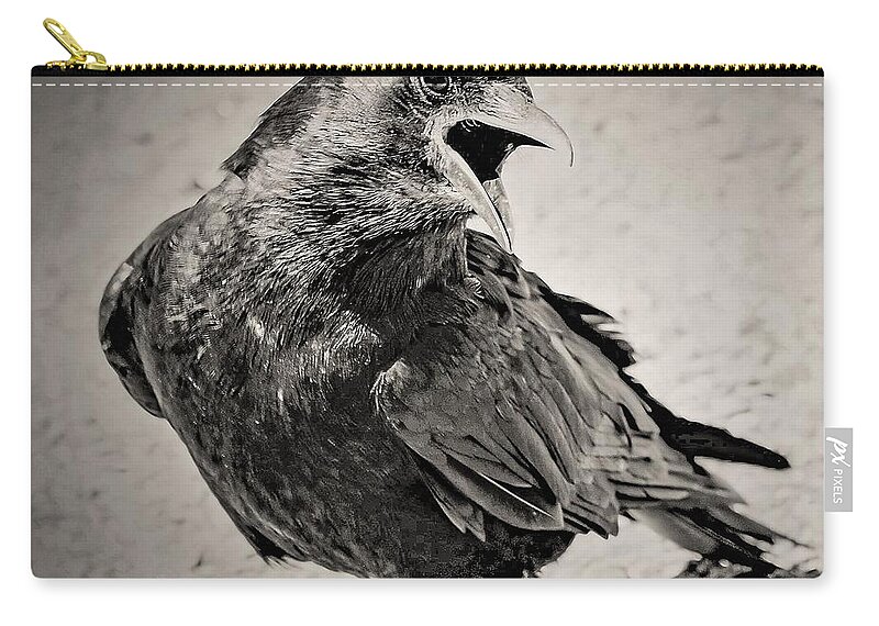 Crow Bird Black White Carry-all Pouch featuring the photograph Crow by John Linnemeyer