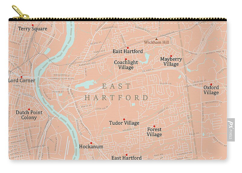 Connecticut Zip Pouch featuring the digital art CT Hartford East Hartford Vector Road Map by Frank Ramspott