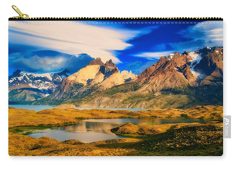 Lenticular Cloud Zip Pouch featuring the photograph Cuernos del Pain and Almirante Nieto in Patagonia by Bruce Block