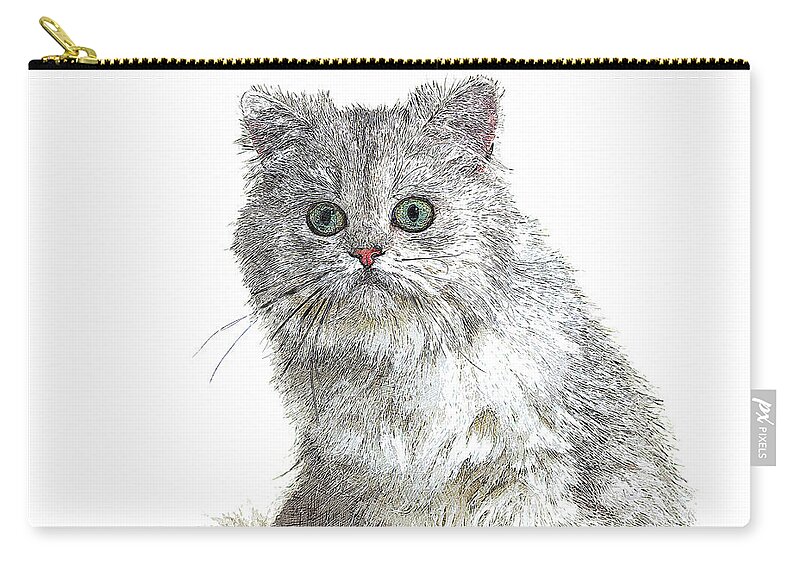 Grey Zip Pouch featuring the painting Cute and Cool, Grey British Longhair Cat by Custom Pet Portrait Art Studio