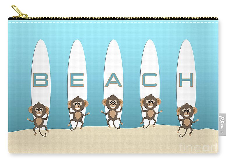 Monkey Zip Pouch featuring the digital art Cute Animal Monkeys with Surfboards and Beach Typography by Barefoot Bodeez Art