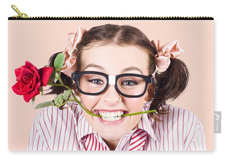 Funny Zip Pouch featuring the photograph Cute Smiling Woman Wearing Nerd Glasses With Rose by Jorgo Photography