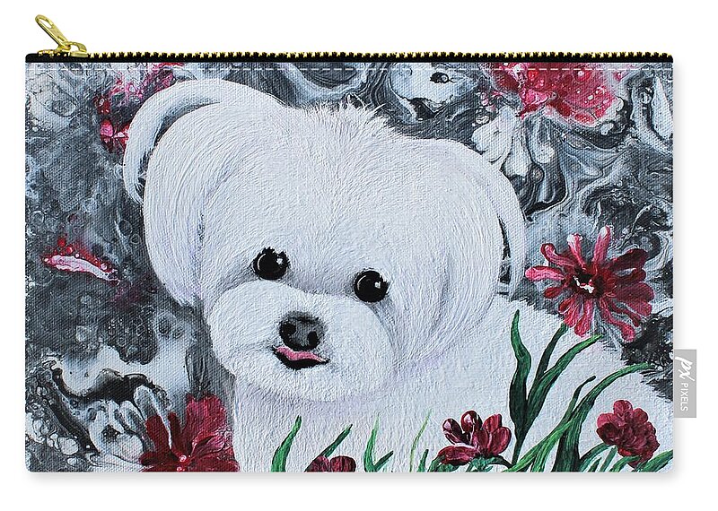 Wall Art Home Décor Dogs White Dogs Cute Dog Acrylic Painting Abstract Painting Animals Cute Animals Gift Idea Art For Sale Red Flower Abstract Flowers Zip Pouch featuring the painting Cute Sugar by Tanya Harr